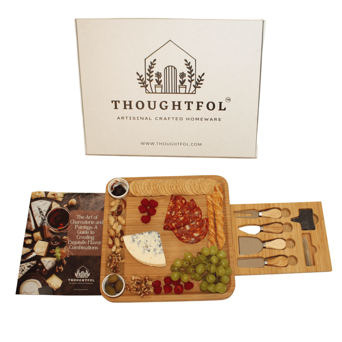 Thoughtfol Charcuterie Sets Thoughtfol Compact Bamboo Cheese Board Set | Charcuterie and Pairing Guide | Large Wooden Board | Unique Housewarming Gift | Perfect for Appetizers, Cheese Platters, Meat and Cheese Trays | Wood Serving Board | The Ultimate Gift for Food Enthusiasts!