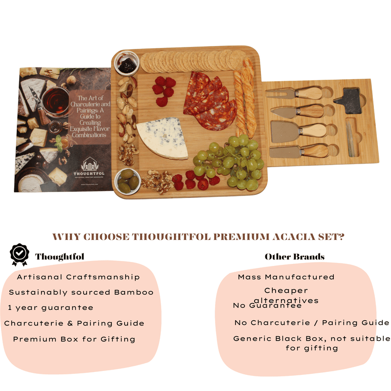 Thoughtfol Charcuterie Sets Thoughtfol Compact Bamboo Cheese Board Set | Charcuterie and Pairing Guide | Large Wooden Board | Unique Housewarming Gift | Perfect for Appetizers, Cheese Platters, Meat and Cheese Trays | Wood Serving Board | The Ultimate Gift for Food Enthusiasts!