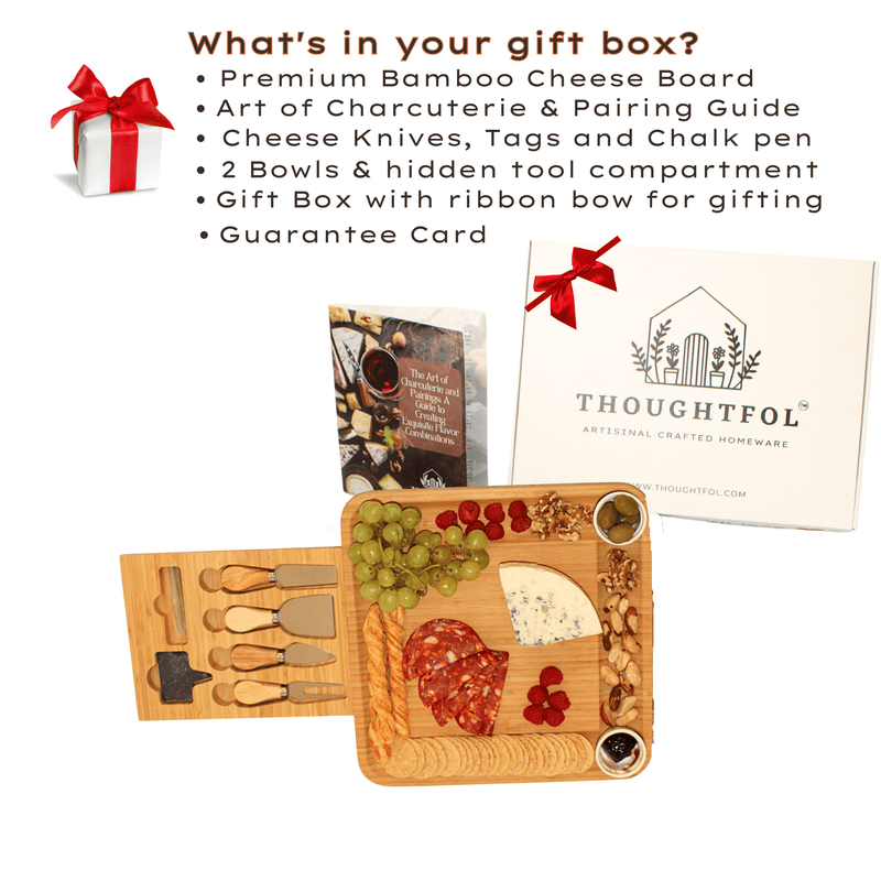 Thoughtfol Charcuterie Sets Thoughtfol Compact Bamboo Cheese Board Set | Charcuterie and Pairing Guide | Large Wooden Board | Unique Housewarming Gift | Perfect for Appetizers, Cheese Platters, Meat and Cheese Trays | Wood Serving Board | The Ultimate Gift for Food Enthusiasts!